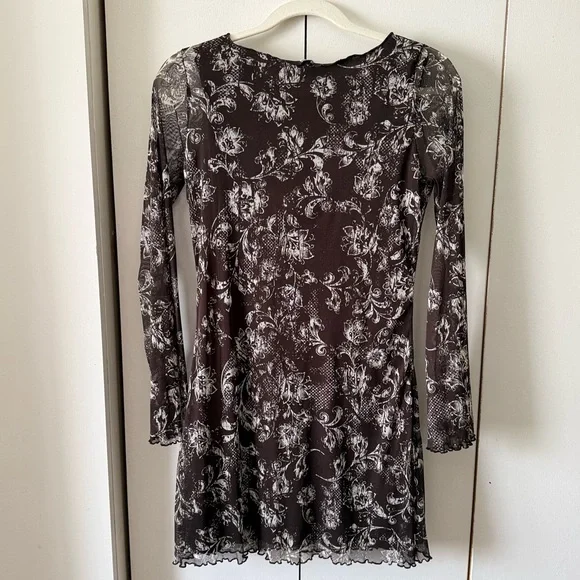 Brown and White Floral Mesh Mini Dress - Picture 2 of 6